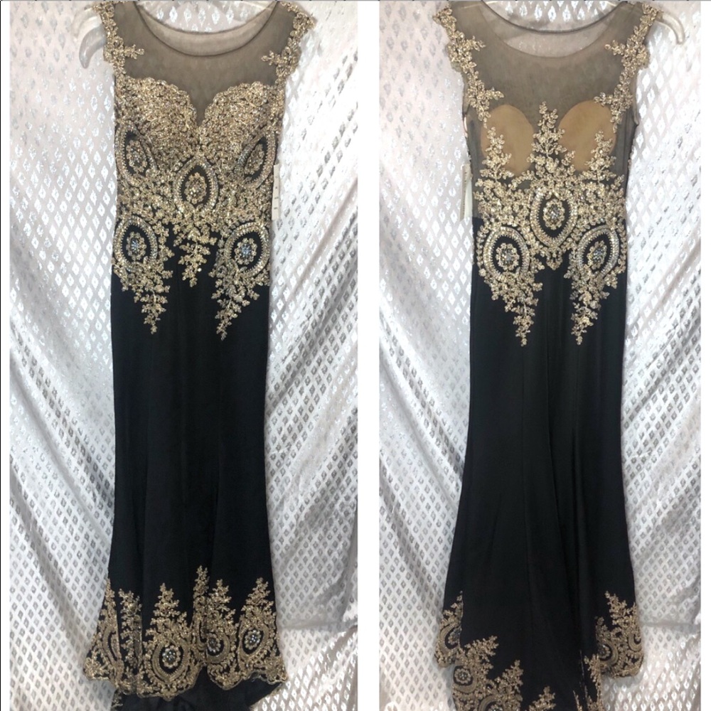 NWT Black & Gold Embellished Prom Dress Gown